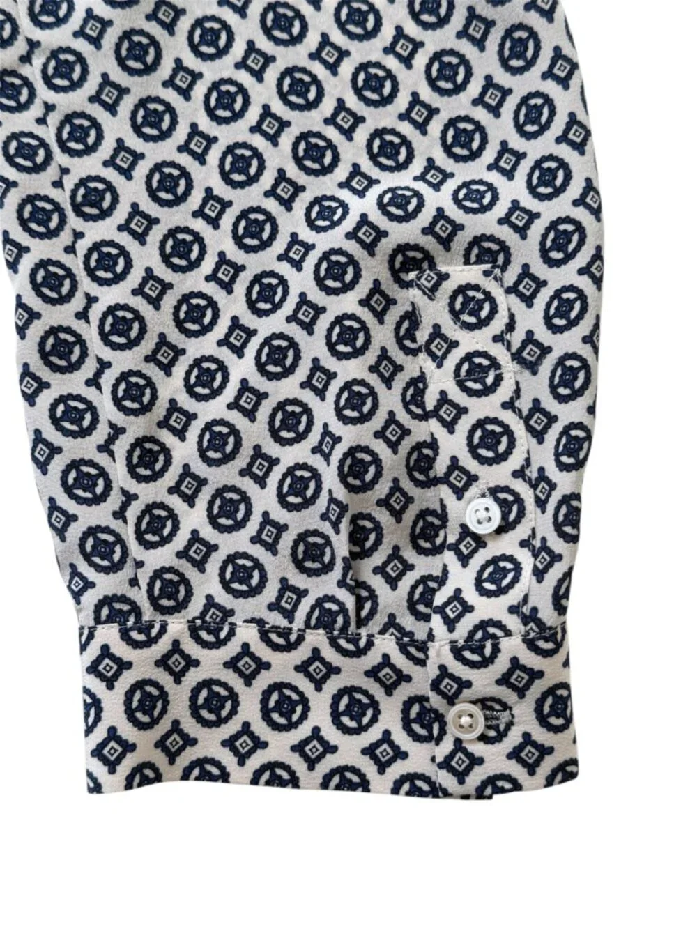 Joie Daryn 100% Silk Geometric Tile Medallion Print Boho Blouse Navy/Cream Sz S